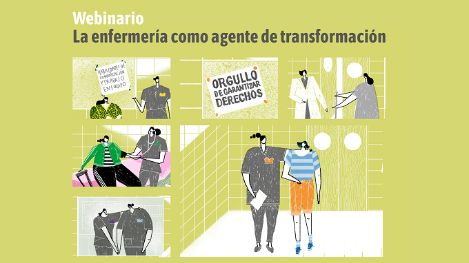 webinario: la enfermería como agente de transformación. Ilustración de personal de enfermería acompañando a personas usuarias de servicios.
