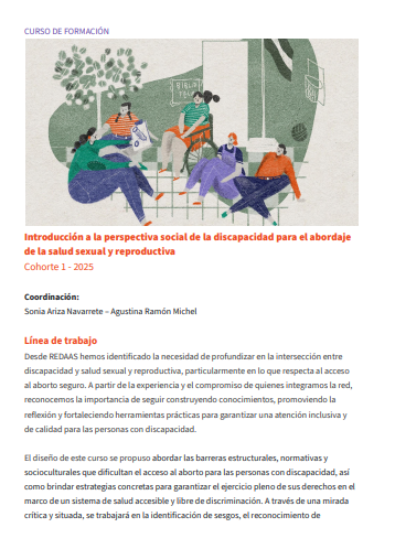 Tapa de la ficha del curso de formación: Introducción a la perspectiva social de la discapacidad para el abordaje de la salud sexual y reproductiva. Contiene una ilustración de un grupo de cinco personas sentadas en ronda, una es usuaria de silla de ruedas, están en una clase de ESI ya que una de ellas sostiene un cartel con un preservativo.
