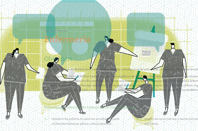 Ilustración de personal de enfermería en un taller. Cinco personas interactuando con objetos.